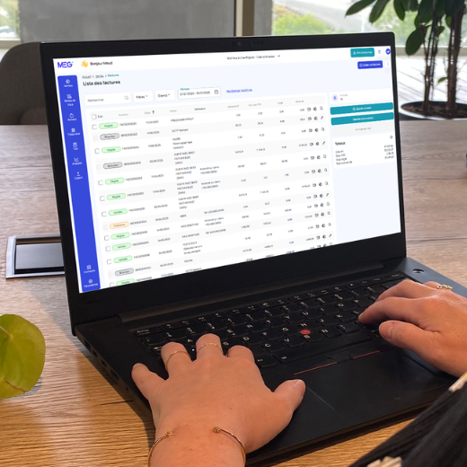 Photo zoomée d'un ordinateur portable montrant MEG - Facture électronique