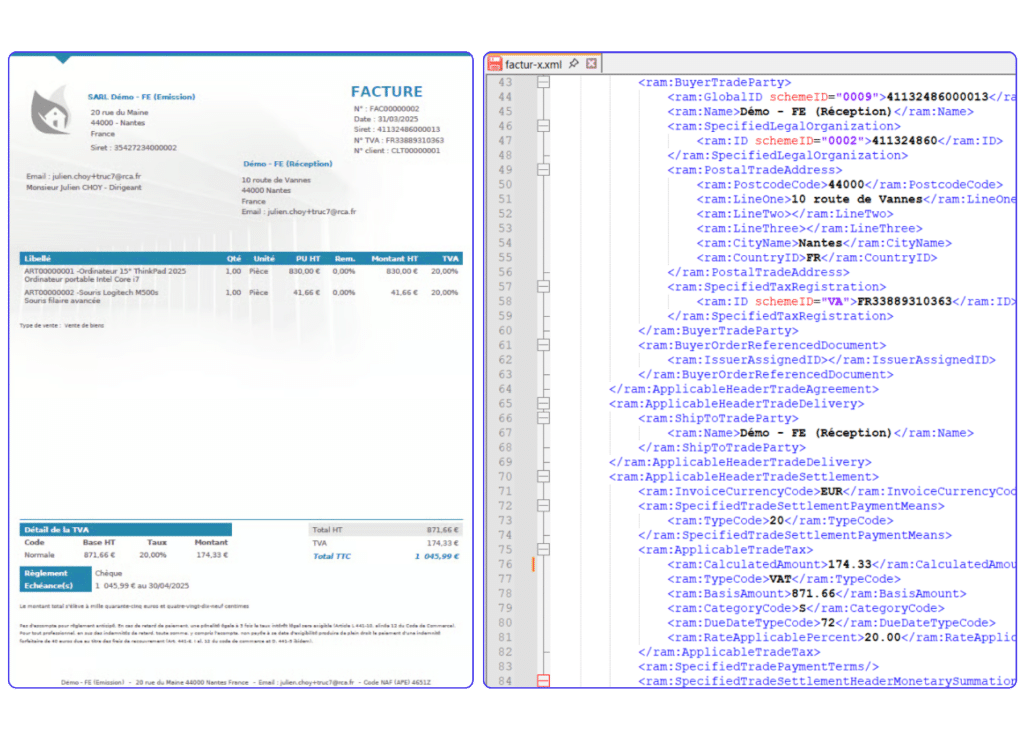 Visuel représentant d'un côté la version PDF d'une facture, de l'autre ce a quoi la facture ressemble au format xml. La combinaison des 2 formats (PDF + xml) correspond à une facture électronique au format Factur-X