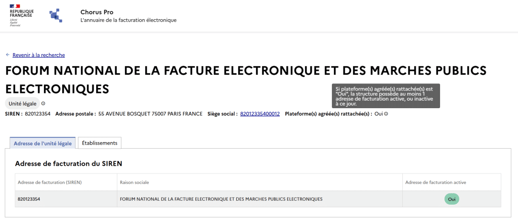 Capture d'écran de l'annuaire, de la fiche FNFE, qui montre une adresse de facturation active et une plateforme agréée rattachée